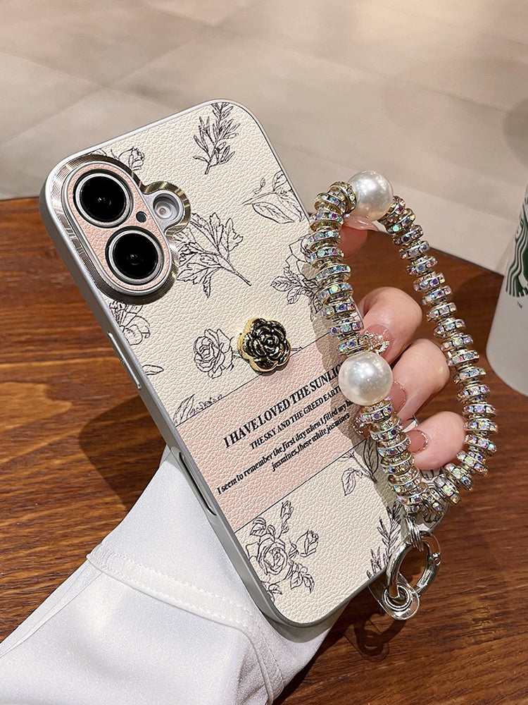 A0006-Sketch Camellia Phone Case with Pearl Rhinestone Chain IPhone Case for iPhone — Compatible with iPhone 17/16/15/14/13 Series (Pro & Pro Max)