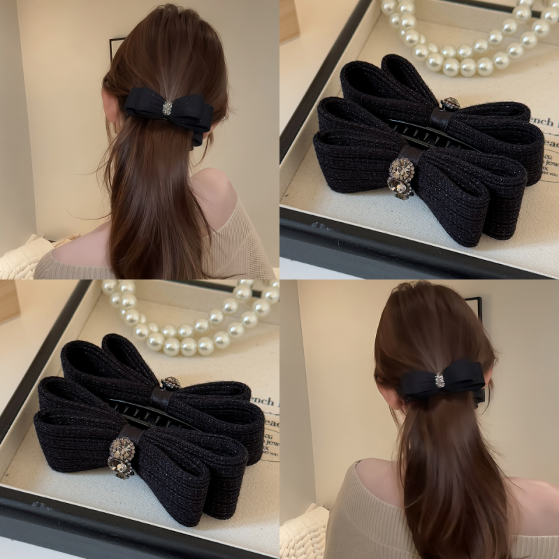 B-0005 Elegant Velvet Bow Adorned Hair Accessory - Premium Vertical Banana Clip