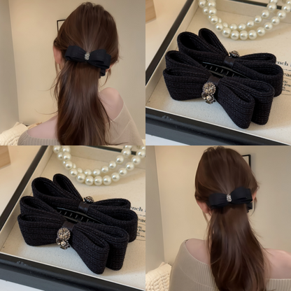 B-0005 Elegant Velvet Bow Adorned Hair Accessory - Premium Vertical Banana Clip