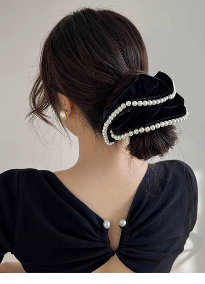 C-0002 Exquisite Hair Accessory - Velvet Hair Scrunchie with Delicate Pearls