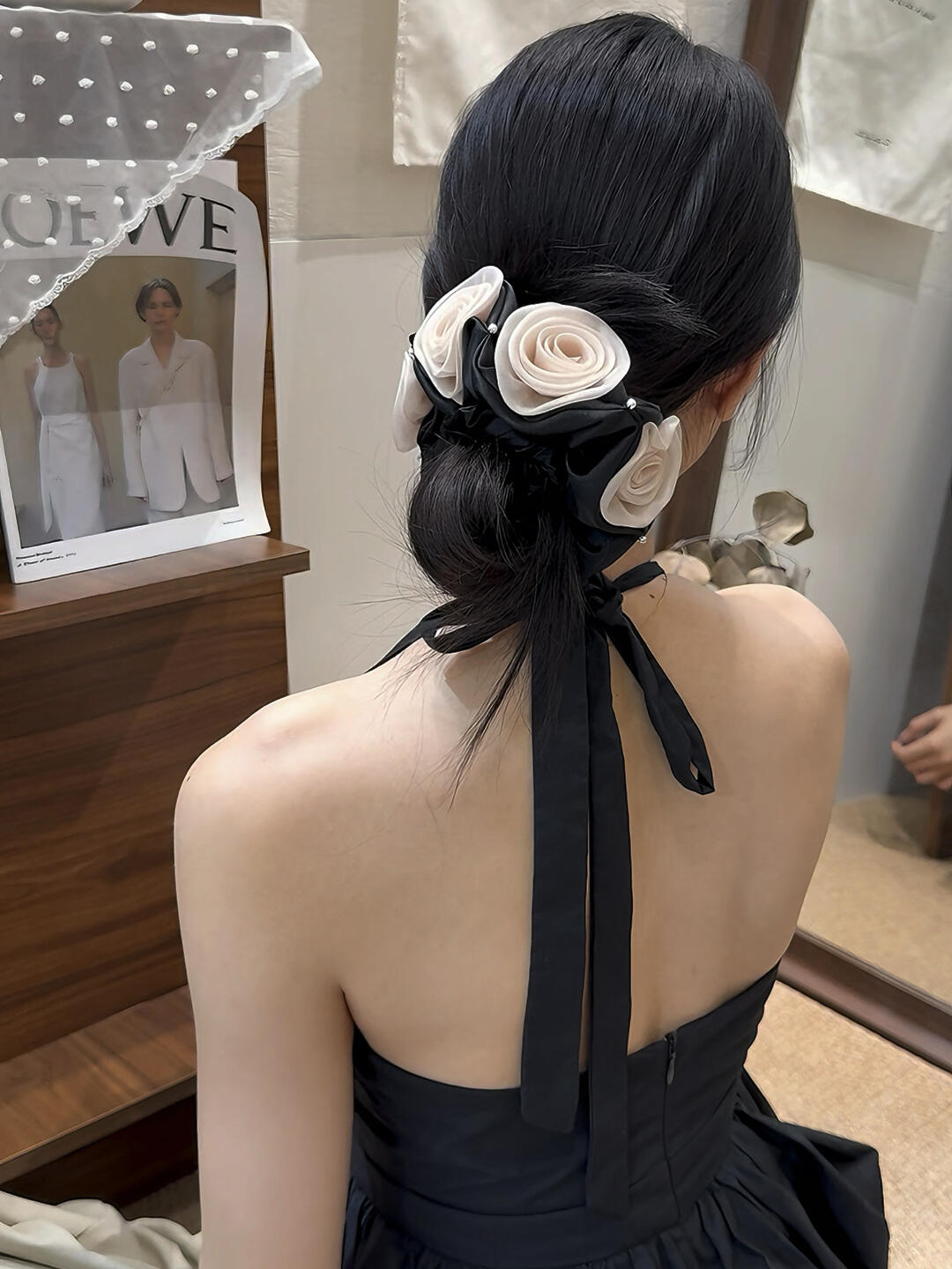 C-0001 Elegant French - Inspired Scrunchie with Three - Dimensional Flower Buds and Exquisite Pearls