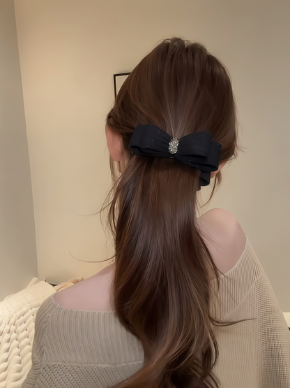 B-0005 Elegant Velvet Bow Adorned Hair Accessory - Premium Vertical Banana Clip