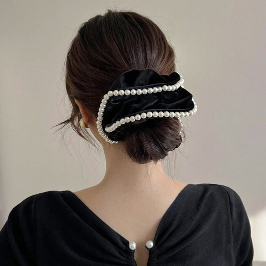 C-0002 Exquisite Hair Accessory - Velvet Hair Scrunchie with Delicate Pearls