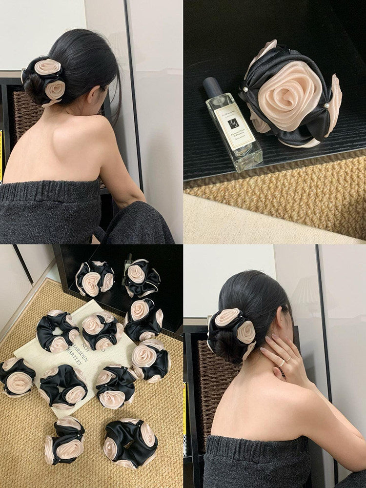 C-0001 Elegant French - Inspired Scrunchie with Three - Dimensional Flower Buds and Exquisite Pearls