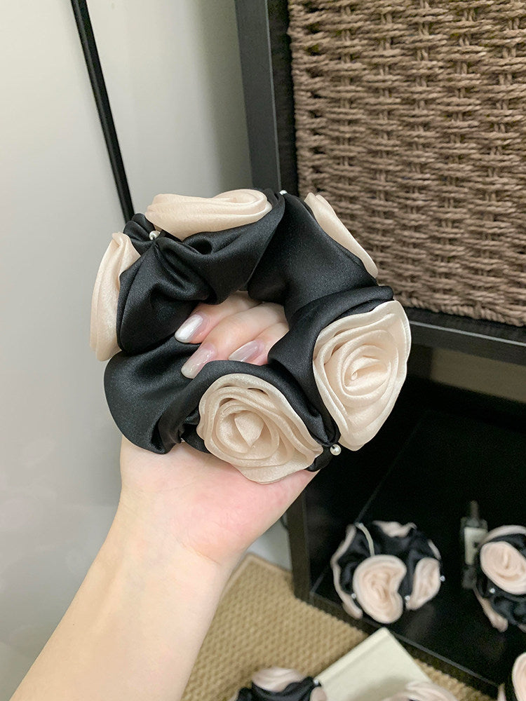 C-0001 Elegant French - Inspired Scrunchie with Three - Dimensional Flower Buds and Exquisite Pearls