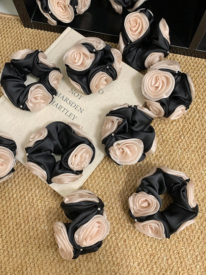 C-0001 Elegant French - Inspired Scrunchie with Three - Dimensional Flower Buds and Exquisite Pearls